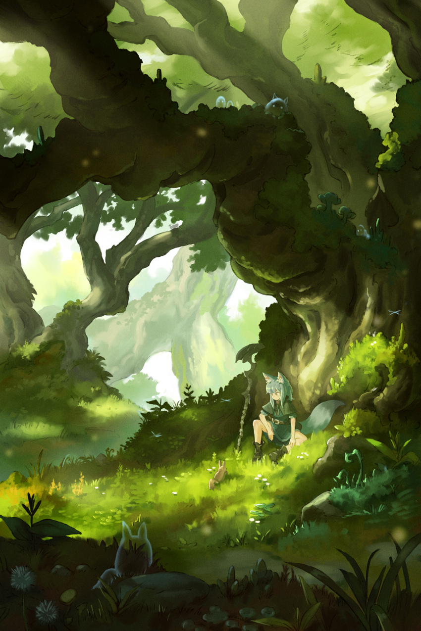 1girl, against_tree, animal, animal_ear_fluff, animal_ears, animal_request, aqua_dress, arm_on_knee