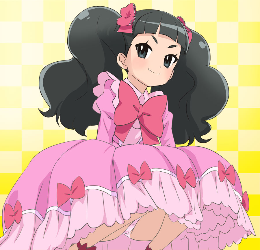1girl, akino_matsuki, black_eyes, black_hair, blush, bow, closed_mouth, dress