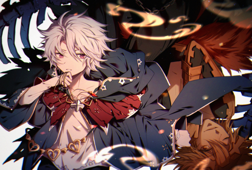 2boys, bangs, bone, caim_(granblue_fantasy), capelet, chain, cloak, commentary