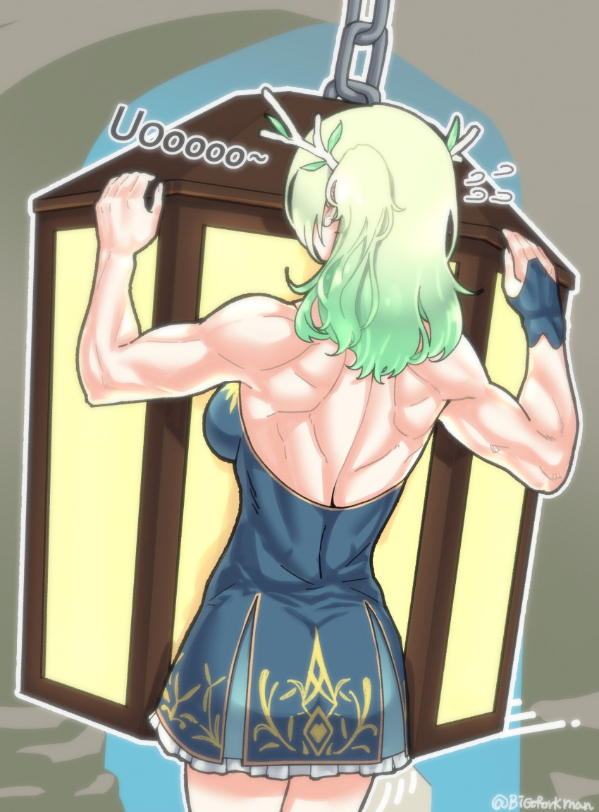 1girl, bigforkman, branch, ceres_fauna, chain, dress, exercise, gloves, green_hair, hair_ornament, highres, hololive, hololive_english, human_fall_flat, lantern, long_hair, muscular, muscular_female, planet_hair_ornament, pullups, single_glove, solo, toned, virtual_youtuber