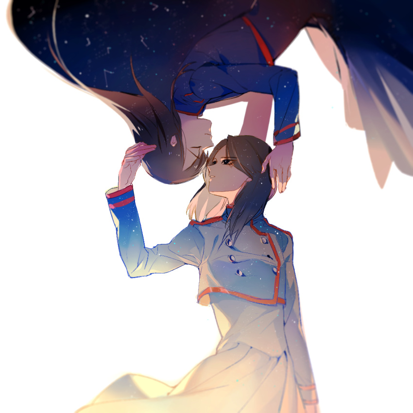 2girls, a979717082, bangs, black_eyes, blue_dress, blue_jacket, closed_eyes, cropped_jacket