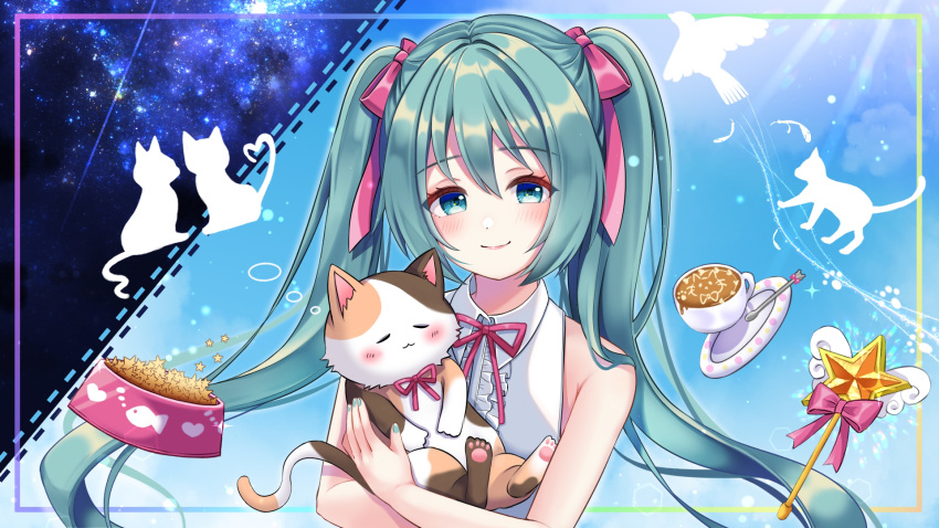 alternate_costume, animal, aqua_eyes, aqua_hair, aqua_nails, bangs, bare_shoulders, bowl
