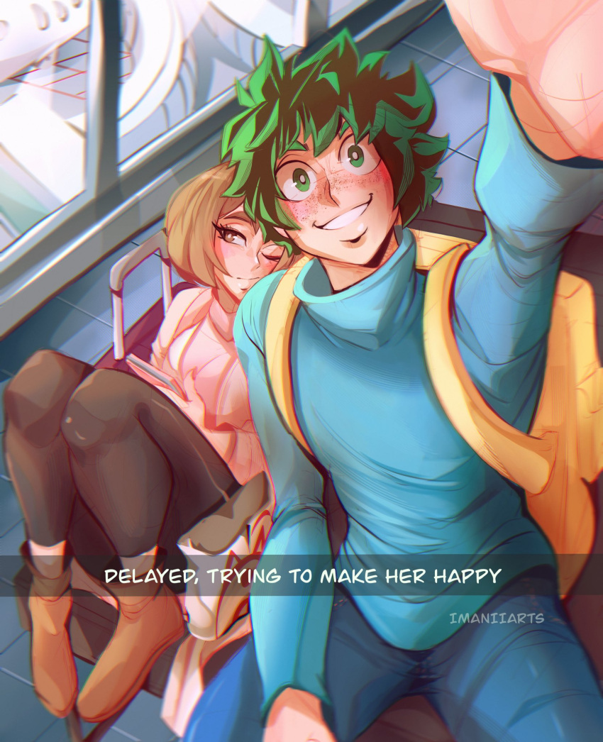 1boy, 1girl, airport, arms_up, boku_no_hero_academia, brown_eyes, brown_hair, cellphone, couple, freckles, green_eyes, green_hair, hetero, highres, imaniiarts, midoriya_izuku, one_eye_closed, phone, selfie, travel, uraraka_ochako