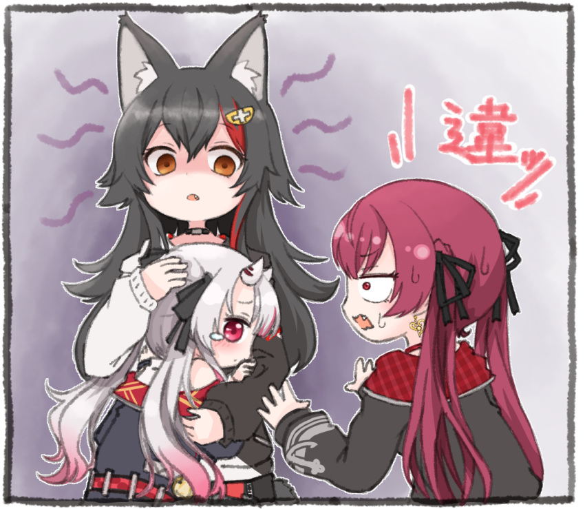 angry, animal_ear_fluff, animal_ears, black_hair, border, child, commentary_request, crying, empty_eyes, fang, grey_hair, hololive, horns, houshou_marine, long_hair, looking_down, nakiri_ayame, oni, oni_horns, ookami_mio, open_mouth, redhead, sanpaku, sweat, sweating_profusely, tonton_(tonz159), translation_request, virtual_youtuber, wolf_ears, wolf_girl, younger