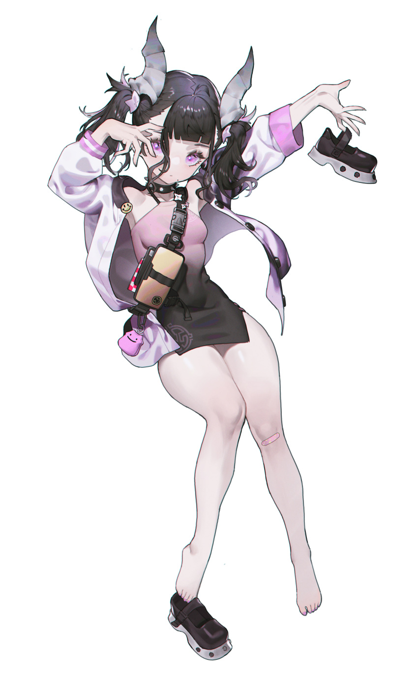 1girl, absurdres, ahoge, alver, arms_up, bandaid, bandaid_on_knee, bangs