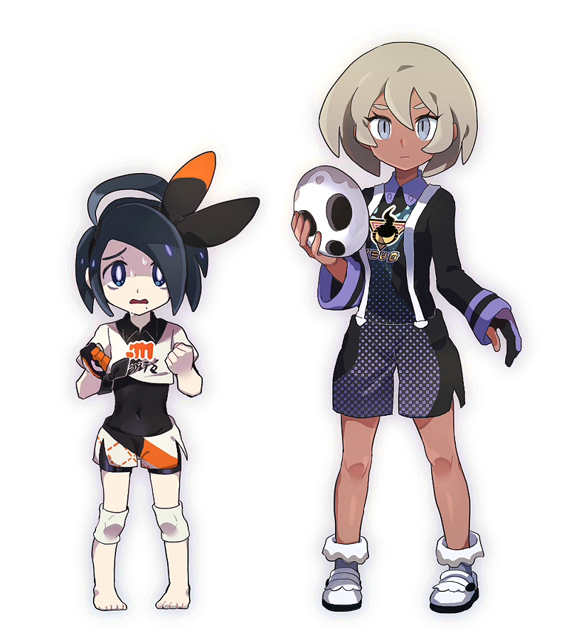 1boy, 1girl, ahoge, allister_(pokemon), allister_(pokemon)_(cosplay), bangs, barefoot, bea_(pokemon), bea_(pokemon)_(cosplay), black_bodysuit, black_hair, bodysuit, bodysuit_under_clothes, chiimako, clenched_hands, closed_mouth, collared_shirt, commentary_request, cosplay, costume_switch, eyelashes, gloves, grey_background, grey_eyes, grey_hair, hair_between_eyes, hands_up, holding, holding_mask, knee_pads, knees, long_sleeves, looking_at_viewer, mask, partially_fingerless_gloves, pokemon, pokemon_(game), pokemon_swsh, print_shirt, print_shorts, shirt, shoes, short_hair, short_sleeves, shorts, side_slit, side_slit_shorts, single_glove, standing, suspender_shorts, suspenders, sweat, toes, uniform, white_footwear