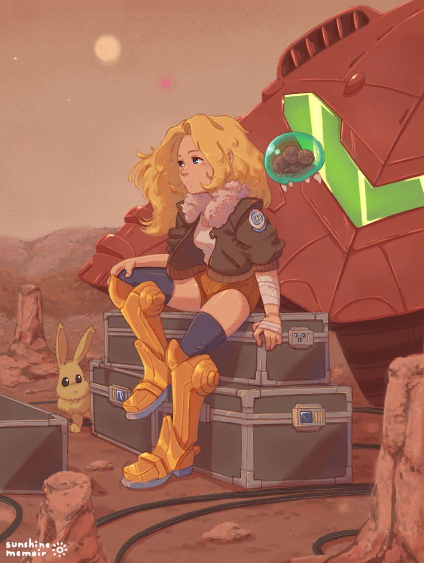 1girl, armored_boots, bandages, black_legwear, blonde_hair, blue_eyes, bomber_jacket, boots
