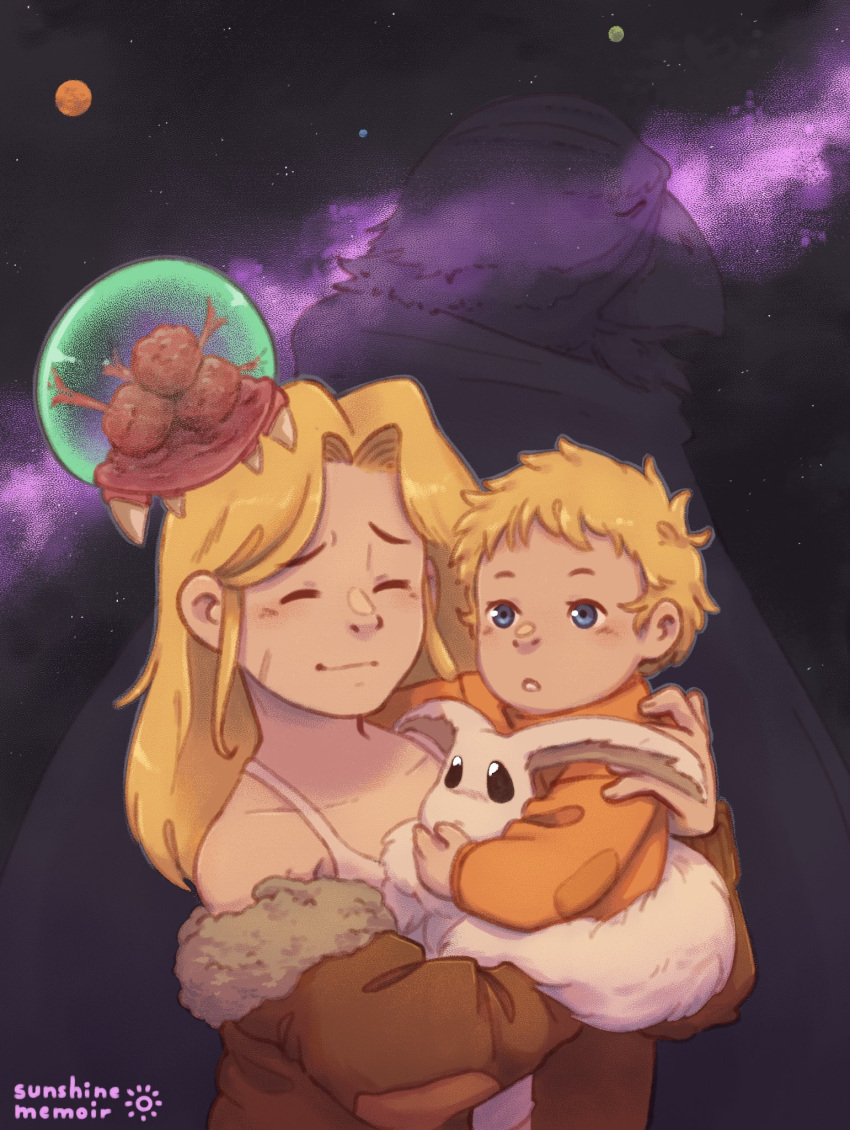 2girls, blonde_hair, blue_eyes, chozo, fur_coat, highres, khiuly, metroid, metroid_(creature), multiple_girls, old_bird, planet, pyonchi, samus_aran, space, tank_top, time_paradox, white_tank_top, younger