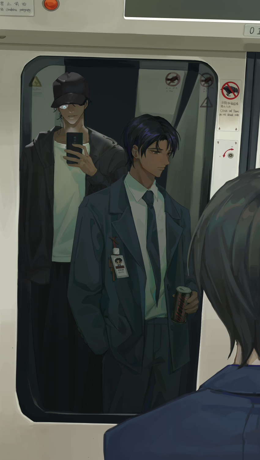 2boys, absurdres, amon_(lord_of_the_mysteries), bird, black_hair, black_neckwear, black_pants, can