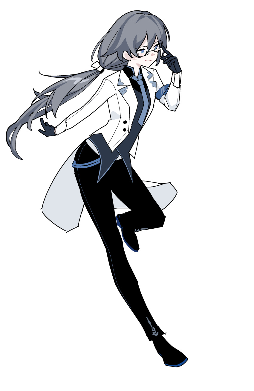 1girl, absurdres, bangs, black_footwear, black_gloves, black_hair, black_pants, blue_eyes, blue_neckwear, fu_hua, fu_hua_(night_squire), full_body, glasses, gloves, hair_between_eyes, highres, hm_mono, honkai_(series), honkai_impact_3rd, jacket, long_sleeves, necktie, pants, ponytail, shoes, simple_background, smile, solo, white_background, white_jacket