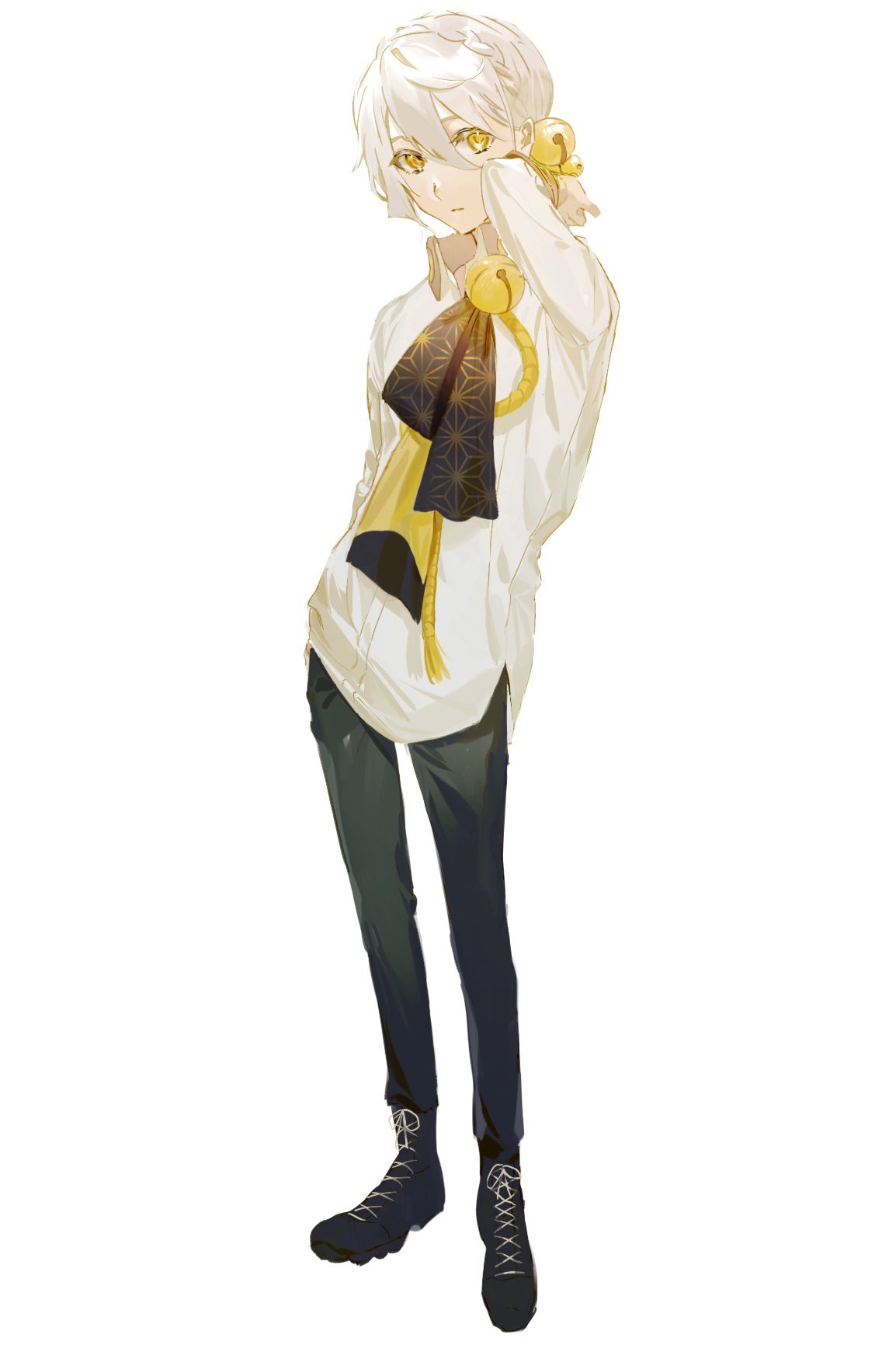 1boy, arm_behind_head, arm_up, asa_no_ha_(pattern), bell, black_footwear, black_neckwear, black_pants, boots, braid, commentary, contrapposto, cross-laced_footwear, crown_braid, expressionless, full_body, hair_bell, hair_ornament, highres, iori_yuzuru, kakine, lace-up_boots, looking_at_viewer, male_focus, neck_bell, neckerchief, pants, shirt, simple_background, standing, voiceroid, white_background, white_hair, white_shirt, yellow_eyes, yellow_neckwear