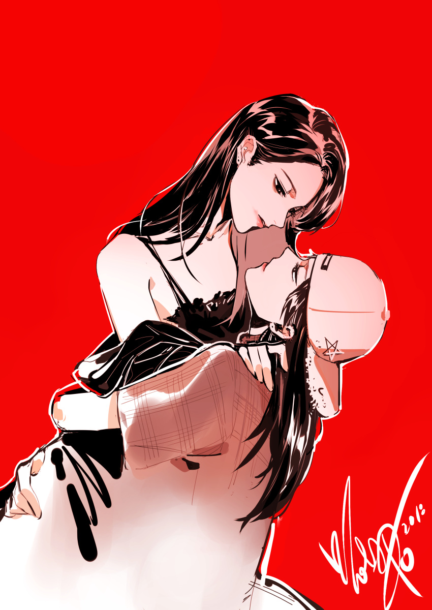2girls, a979717082, absurdres, backwards_hat, baseball_cap, black_dress, black_eyes, black_hair