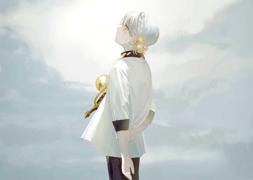 1boy, arms_behind_back, asa_no_ha_(pattern), bell, black_pants, braid, clouds, cloudy_sky