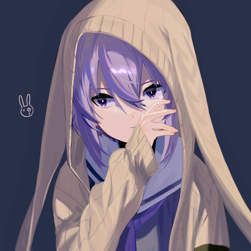 1girl, a.i._voice, animal_ears, animal_hood, black_background, brown_cardigan, bunny_hood, cardigan