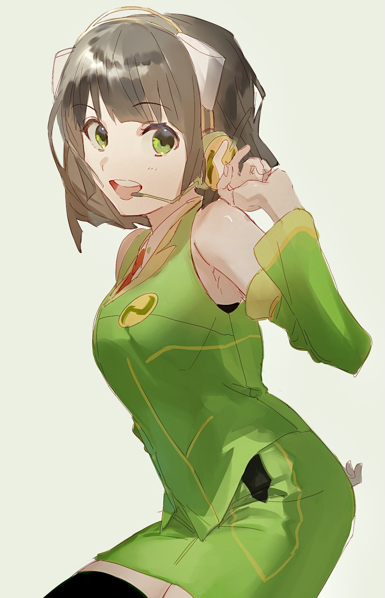 1girl, bare_shoulders, black_hair, black_legwear, commentary, cowboy_shot, detached_sleeves, green_eyes