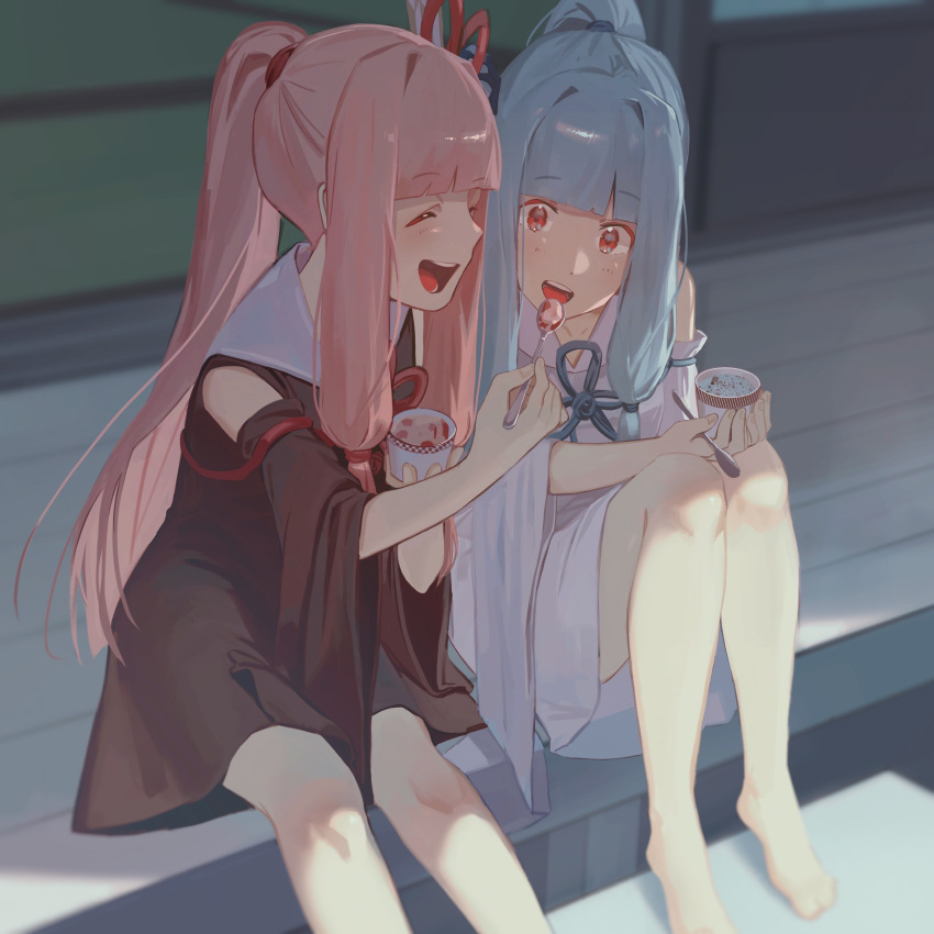 2girls, bare_shoulders, barefoot, blue_ribbon, brown_dress, closed_mouth, collar, collared_dress, commentary, cup, detached_sleeves, dress, feeding, hair_ribbon, highres, holding, holding_cup, holding_spoon, ice_cream_cup, japanese_clothes, kakine, kotonoha_akane, kotonoha_aoi, leaning_forward, light_blue_hair, long_hair, multiple_girls, open_mouth, pink_hair, ponytail, porch, red_eyes, red_ribbon, ribbon, sailor_collar, siblings, sisters, sitting, smile, spoon, very_long_hair, voiceroid, white_collar, white_dress, wide_sleeves, wooden_floor