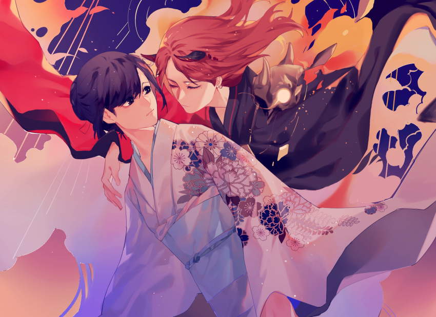 2girls, a979717082, bangs, black_hair, black_kimono, closed_eyes, flat_chest, floating_hair