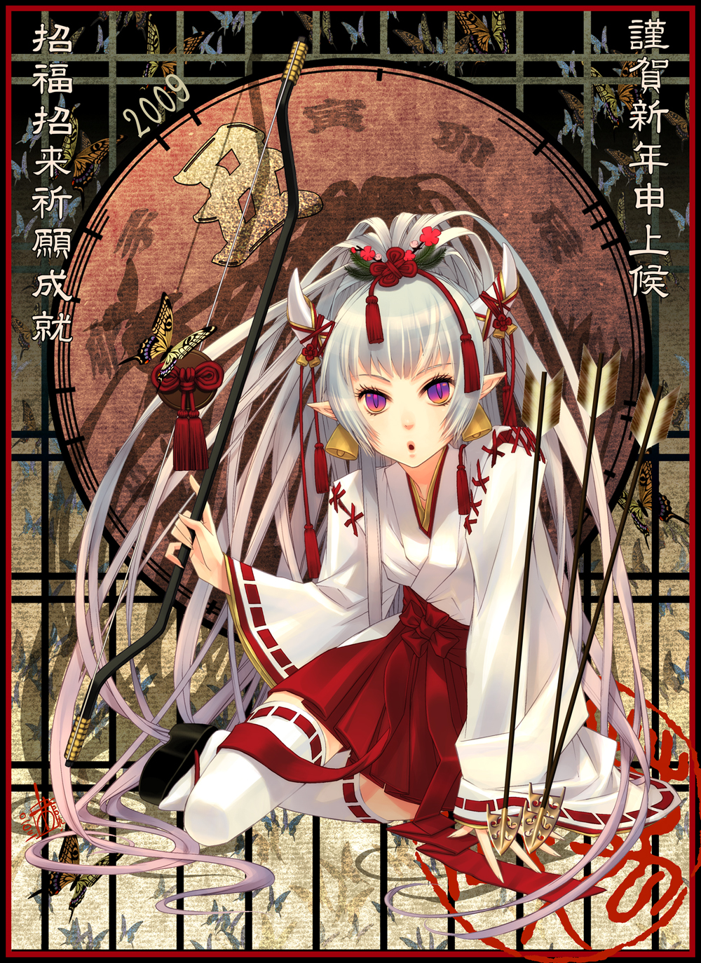 adapted_uniform, animal_ears, archery, armor, bell, bow_(weapon), cow_ears, demon_girl