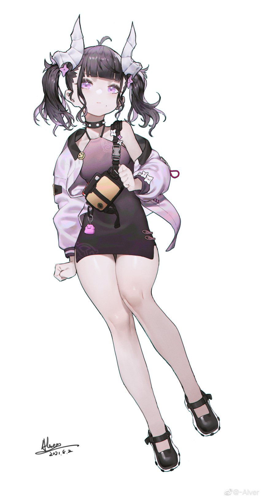 1girl, absurdres, alver, antenna_hair, bag, bangs, bare_legs, black_choker