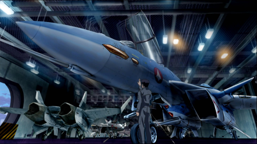cap, flightsuit, hangar, kudou_shin, macross, macross_zero, mecha, u.n._spacy