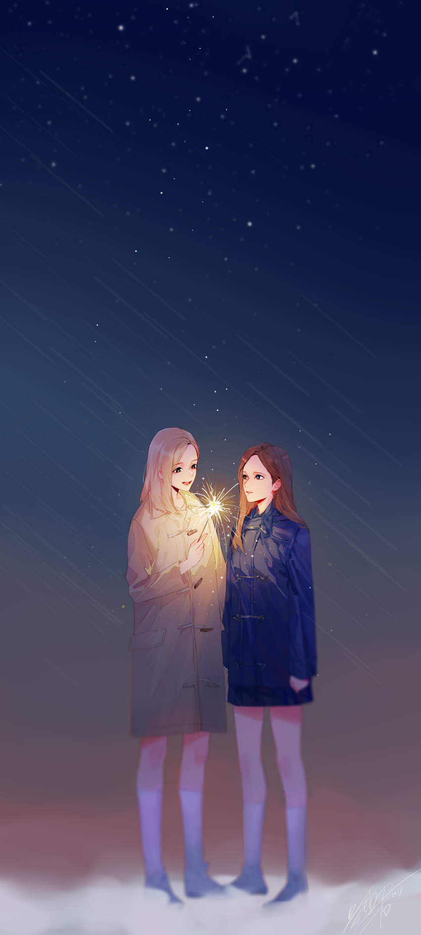 2girls, a979717082, absurdres, blonde_hair, blue_jacket, bona_(wjsn), brown_eyes, brown_hair