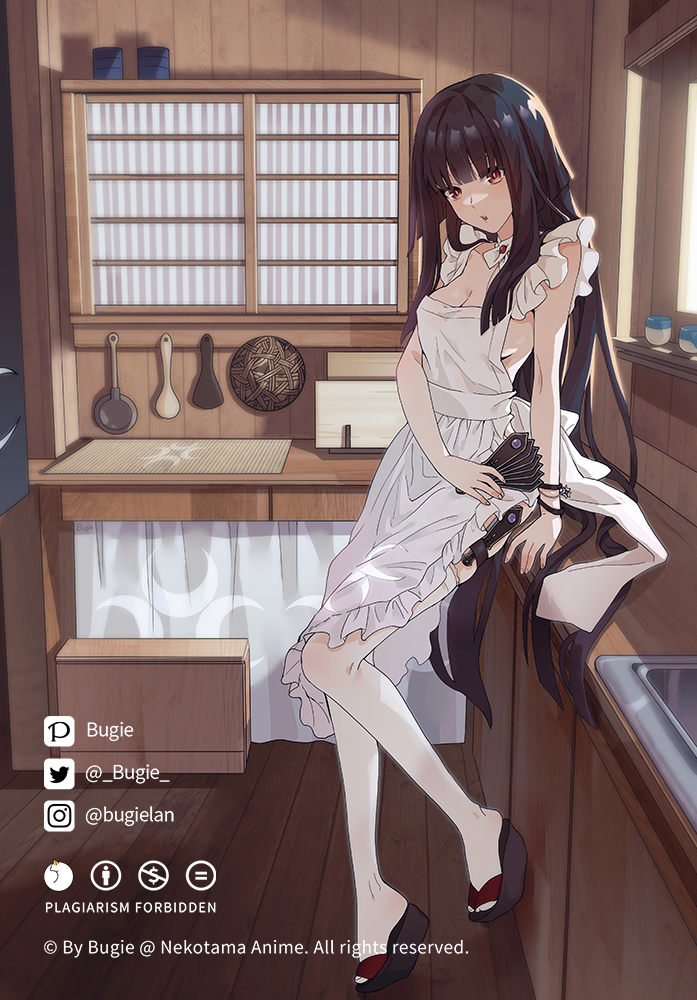 1girl, black_hair, breasts, brown_eyes, bugie, glass_(tate_no_yuusha_no_nariagari), hime_cut, long_hair, medium_breasts, okobo, tate_no_yuusha_no_nariagari, thigh-highs, thigh_strap, very_long_hair