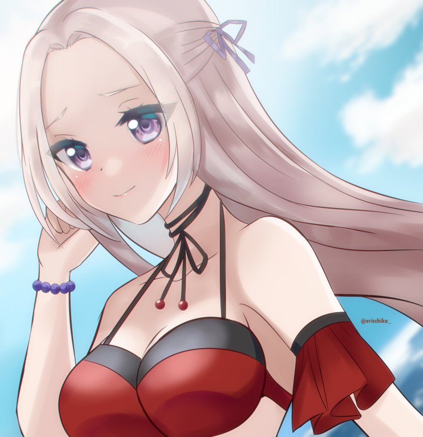 1girl, artist_name, bikini, bikini_top, blush, bracelet, breasts, clouds