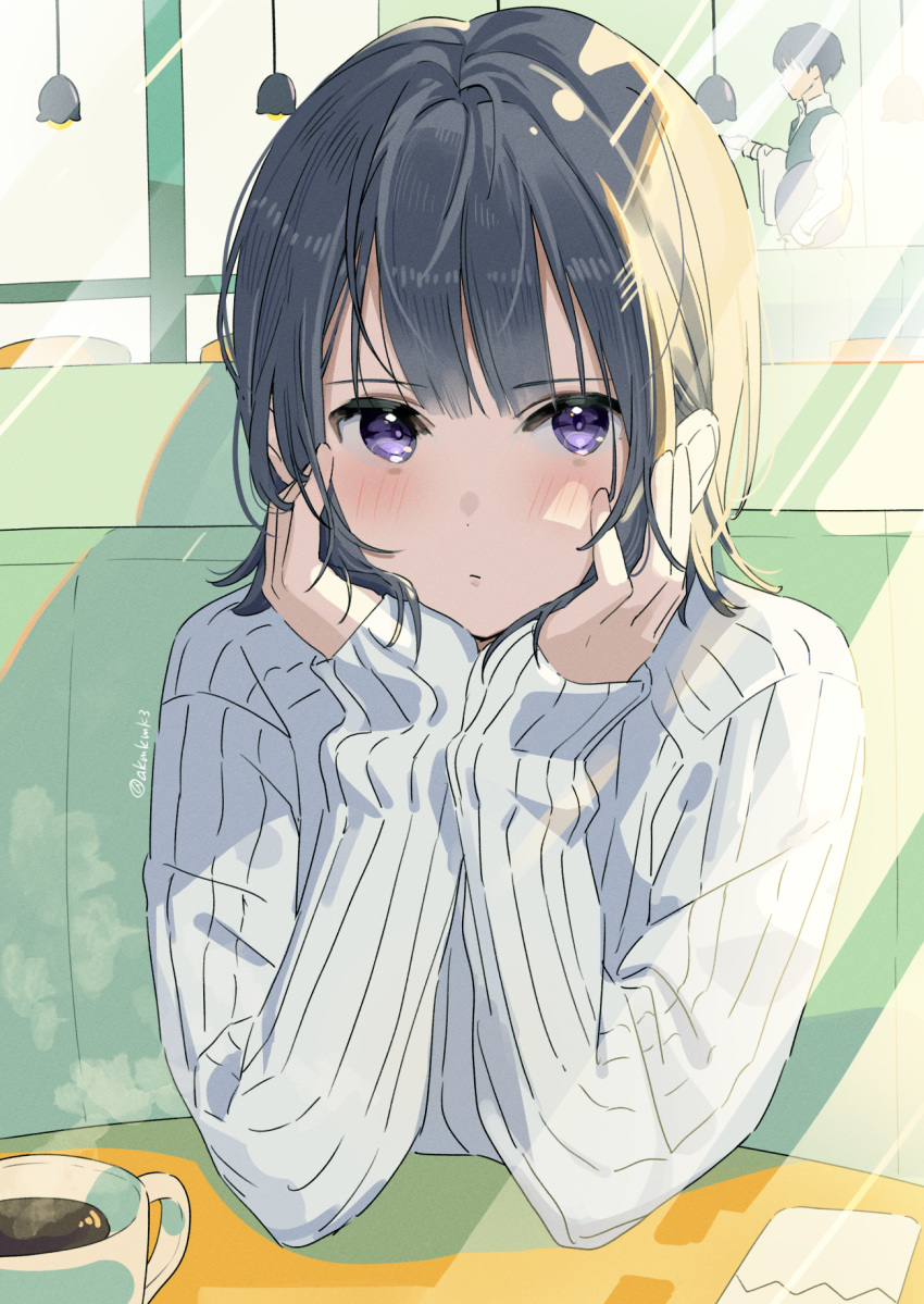 1boy, 1girl, akamoku, bangs, black_hair, blunt_bangs, blush, booth_seat, coffee, coffee_cup, cup, disposable_cup, elbows_on_table, hands_on_own_face, highres, indoors, knit_sweater, light_rays, looking_at_viewer, original, short_hair, sitting, solo_focus, sweater, turtleneck, turtleneck_sweater, twitter_username, violet_eyes, waiter