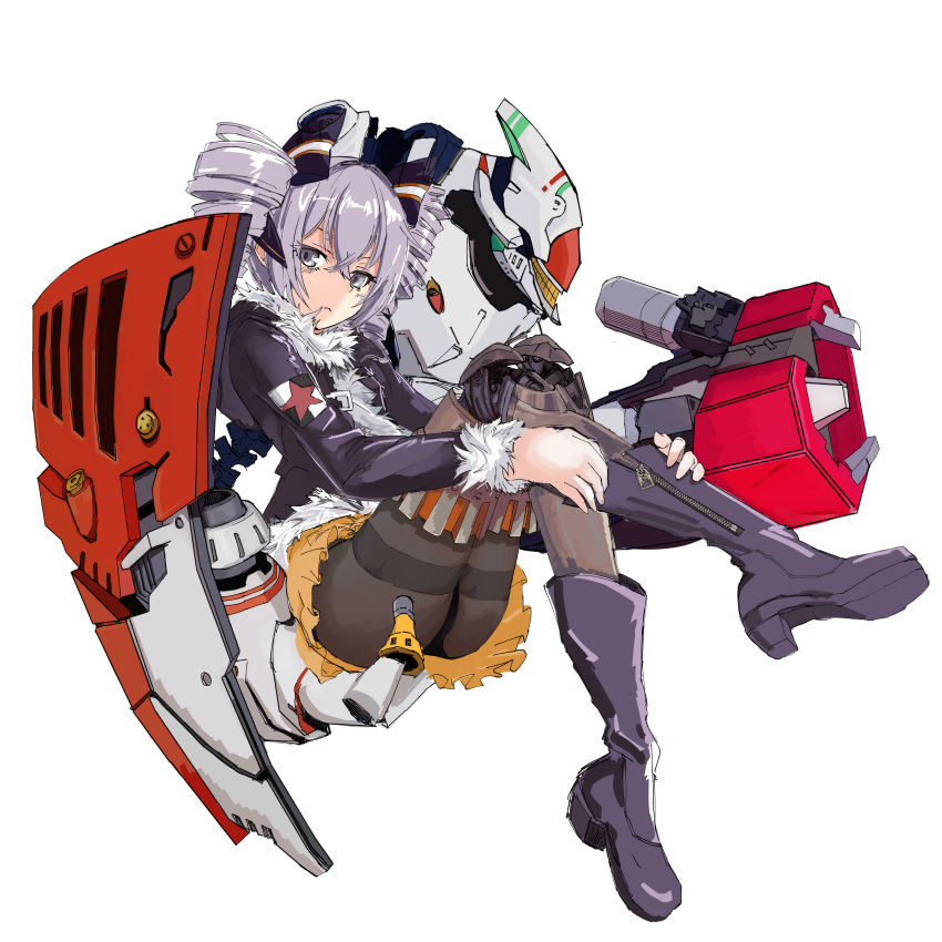 1girl, bangs, benghuai_xueyuan, black_footwear, black_jacket, boots, bronya_zaychik, bronya_zaychik_(snowy_sniper)