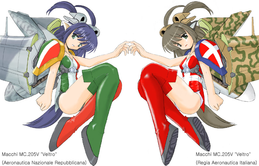 airplane, alternate_hair_color, dual_persona, macchi_mc205, military, nanashi_(7th_exp), symmetrical_hand_pose, symmetry, tail, twintails, wwii