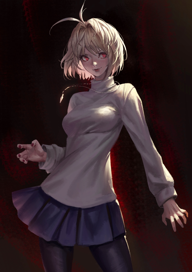 1girl, antenna_hair, arcueid_brunestud, bangs, black_legwear, blonde_hair, breasts, eyebrows_visible_through_hair