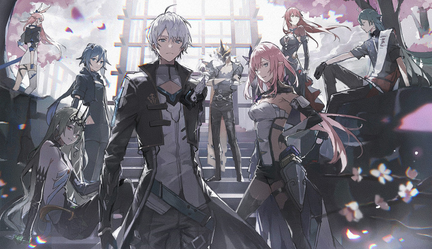 3boys, 5girls, ahoge, animal_ears, blue_eyes, center_opening, check_commentary, cherry_blossoms