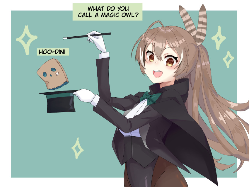 1girl, 1other, bangs, bow, breasts, brown_eyes, brown_hair, english_commentary, english_text, eyebrows_visible_through_hair, feather_hair_ornament, feathers, friend_(nanashi_mumei), gloves, hair_ornament, hairclip, hat, highres, hololive, hololive_english, long_hair, magician, multicolored_hair, nanashi_mumei, open_mouth, pantyhose, ponytail, pun, sariel_(quinlobchris), smile, streaked_hair, top_hat, virtual_youtuber, wand