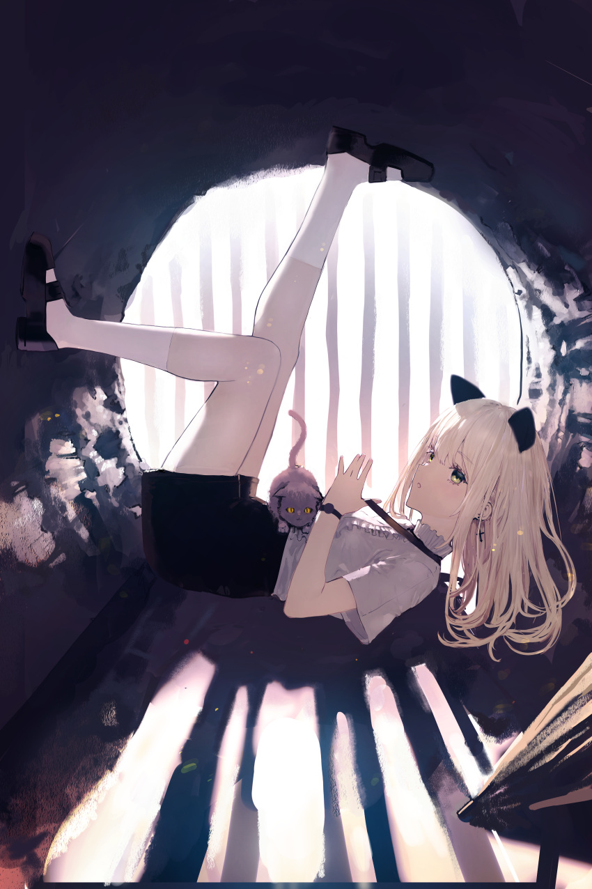 1girl, :o, absurdres, ah_(pixiv62888100), animal_ears, black_footwear, black_shorts, blonde_hair