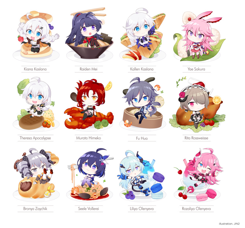 6+girls, :d, alcohol, animal_ears, antenna_hair, apple, apron, bangs, baozi, bare_shoulders, black_hair, blue_eyes, blue_hair, blue_neckwear, braid, braided_ponytail, bronya_zaychik, bronya_zaychik_(wolf's_dawn), brown_hair, character_name, cherry, chibi, chicken_(food), chiffon_cake, chopsticks, closed_mouth, cup, drill_hair, drinking_glass, food, fork, fox_ears, fruit, fu_hua, fu_hua_(night_squire), full_body, grey_eyes, grey_hair, hair_between_eyes, hair_ornament, hair_over_one_eye, hair_ribbon, hairpin, highres, holding, holding_mask, honkai_(series), honkai_impact_3rd, horns, japanese_clothes, jin2, kallen_kaslana, kallen_kaslana_(sixth_serenade), kiana_kaslana, kiana_kaslana_(valkyrie_ranger), lemon, lemon_slice, liliya_olenyeva, lobster, long_hair, long_sleeves, looking_at_viewer, maid, maid_apron, maid_headdress, mask, miko, multiple_girls, murata_himeko, murata_himeko_(battle_storm), necktie, noodles, nun, one_eye_closed, open_mouth, pancake, pasta, pink_hair, pink_skirt, plate, ponytail, purple_hair, raiden_mei, raiden_mei_(valkyrie_bladestrike), ramen, redhead, ribbon, rita_rossweisse, rita_rossweisse_(umbral_rose), rozaliya_olenyeva, sandwich, seele_vollerei, seele_vollerei_(swallowtail_phantasm), short_hair, shrimp, simple_background, single_horn, skirt, smile, spaghetti, steak, strawberry, tail, theresa_apocalypse, theresa_apocalypse_(valkyrie_pledge), twin_braids, twin_drills, violet_eyes, white_background, white_hair, wine, wine_glass, yae_sakura, yae_sakura_(gyakushinn_miko), yellow_eyes