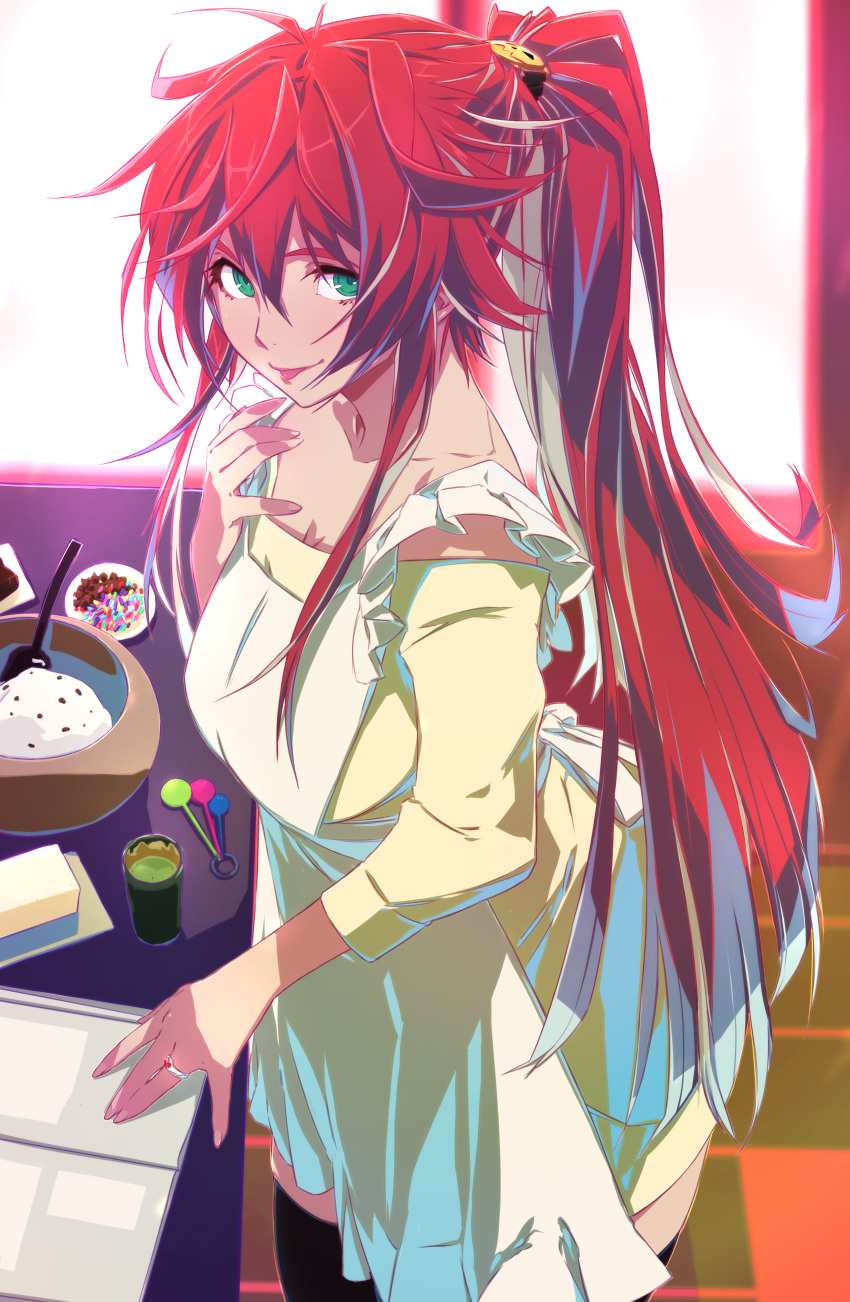 1girl, absurdres, apron, bangs, breasts, butter, dress, food