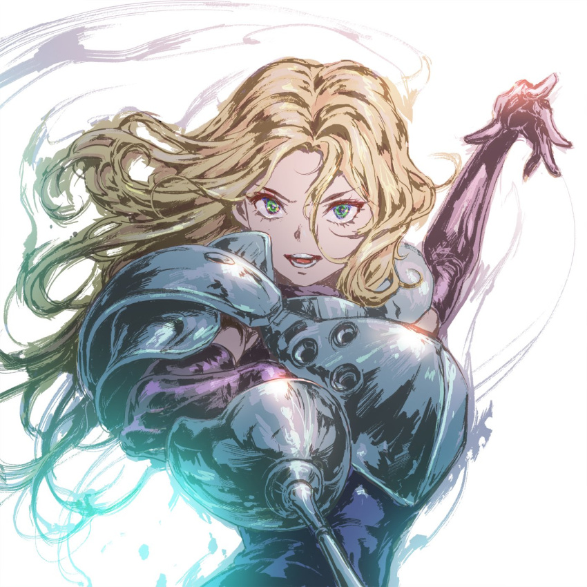 1girl, armor, backlighting, blonde_hair, character_request, cowboy_shot, fujii_eishun, green_eyes