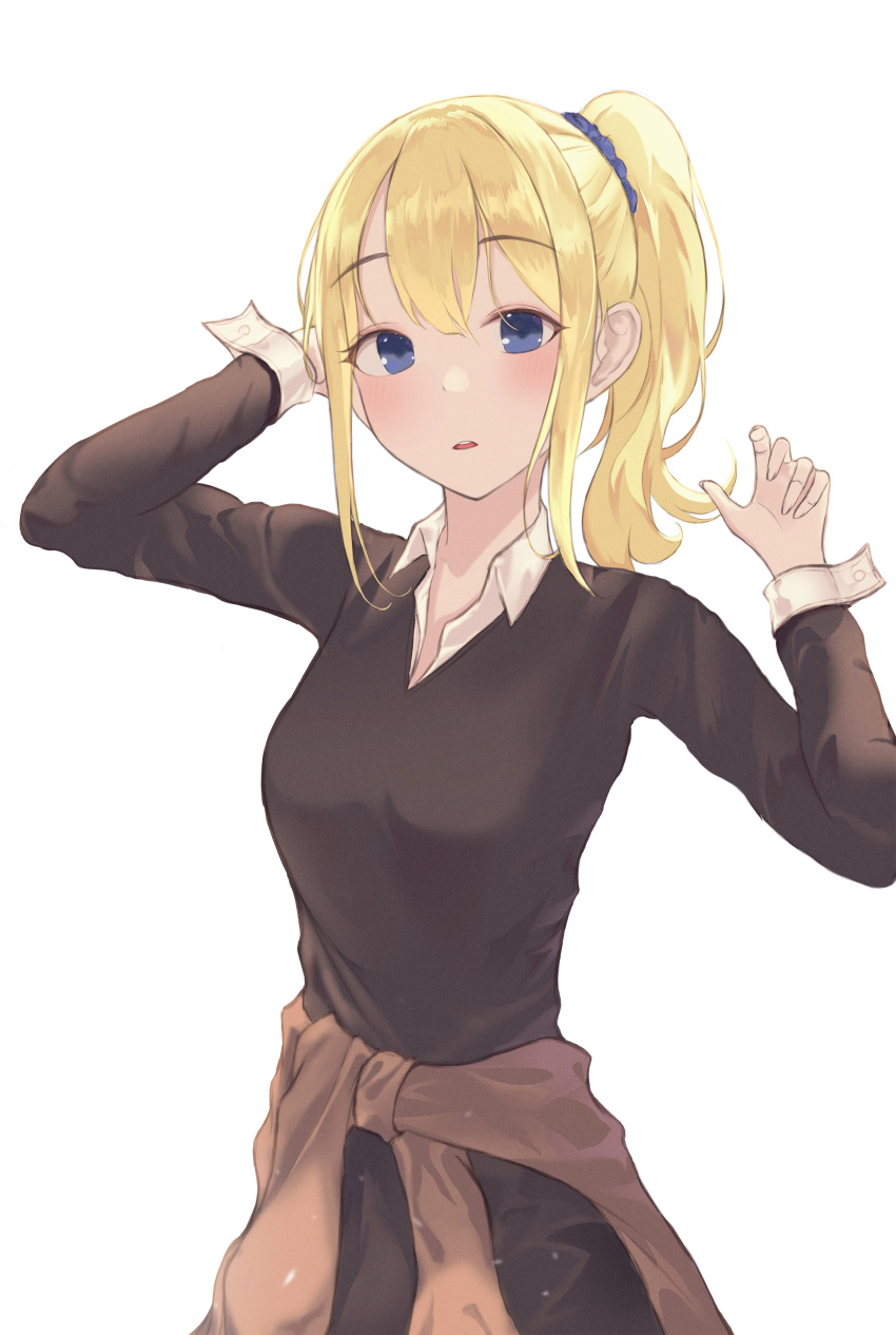 1girl, absurdres, bangs, bllustration, blonde_hair, blue_eyes, blue_scrunchie, blush, breasts, brown_dress, clothes_around_waist, collared_shirt, commentary_request, dress, eyebrows_visible_through_hair, grey_background, hair_ornament, hair_scrunchie, hands_up, hayasaka_ai, highres, kaguya-sama_wa_kokurasetai_~tensai-tachi_no_renai_zunousen~, long_hair, long_sleeves, looking_at_viewer, open_mouth, scrunchie, shiny, shiny_hair, shirt, side_ponytail, simple_background, solo, teeth, upper_teeth, white_background