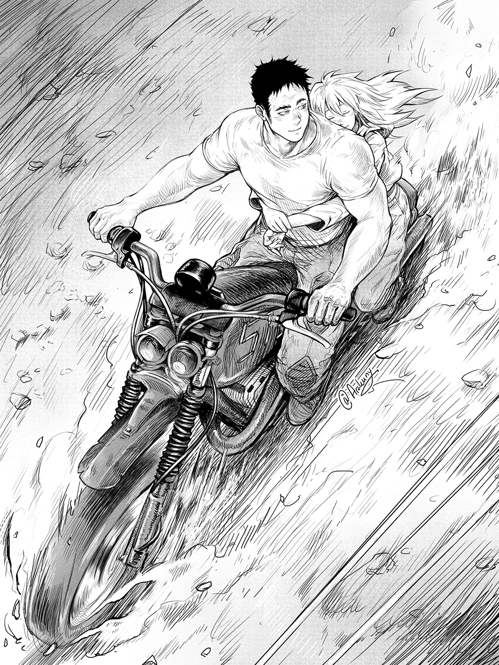 1boy, 1girl, arkuny, black_hair, couple, dorohedoro, dust, from_above