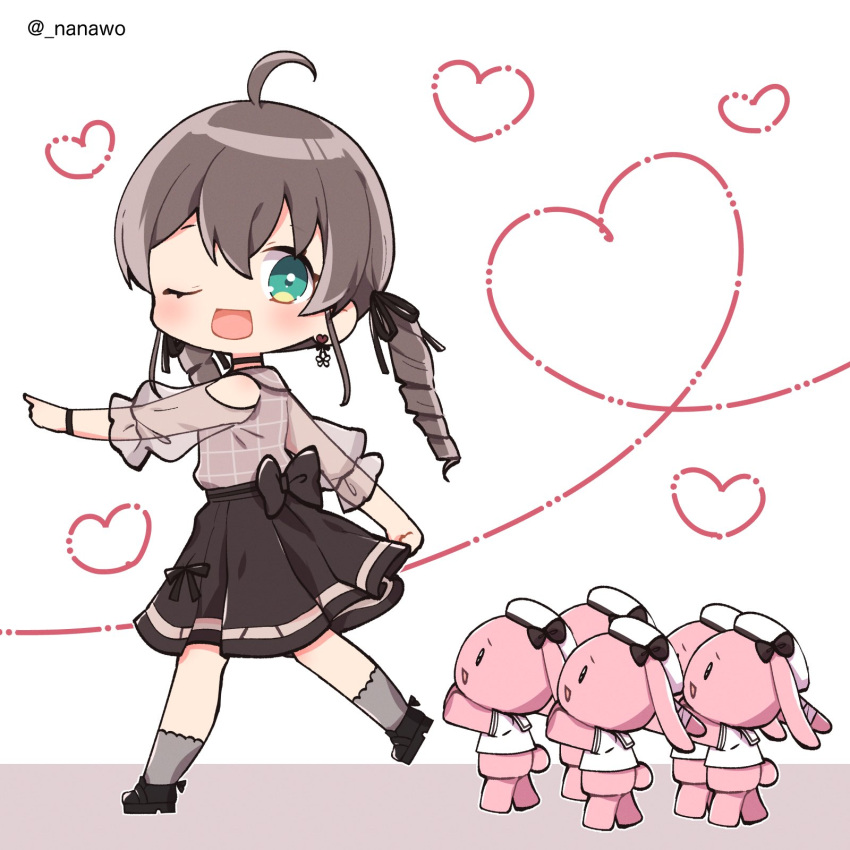 1girl, ahoge, aqua_eyes, bangs, black_choker, black_footwear, black_ribbon, bow_skirt