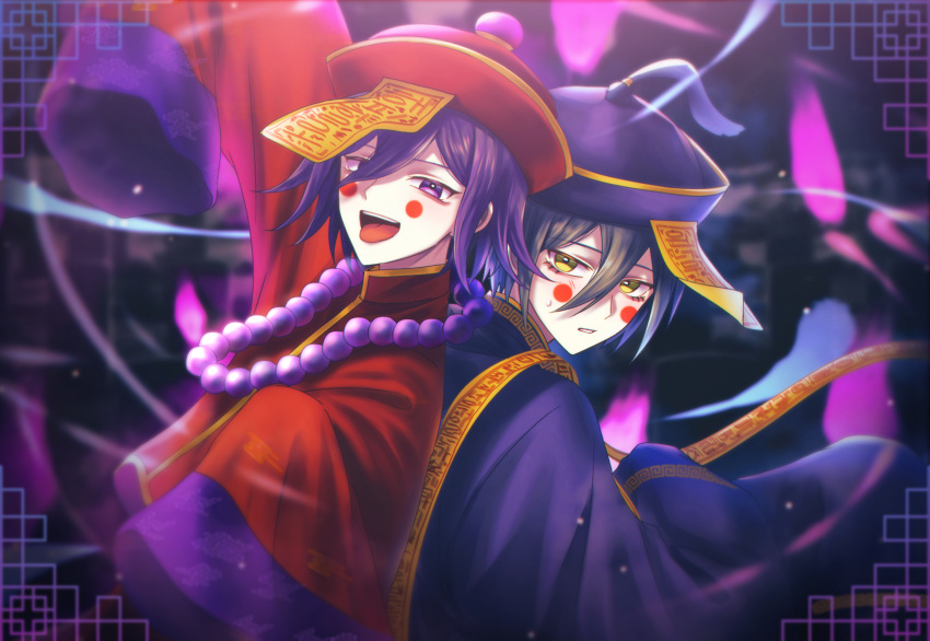 2boys, :d, alternate_costume, arm_up, bangs, bead_necklace, beads, black_hair