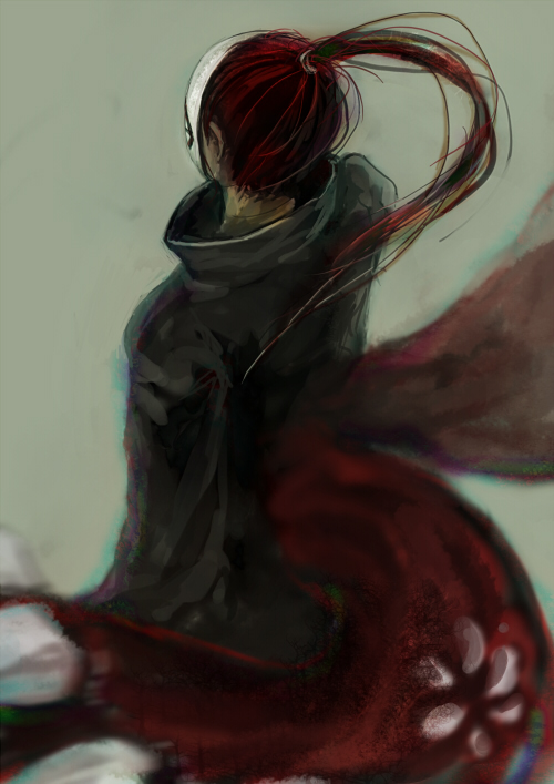 1boy, black_cloak, brown_background, brown_hair, cloak, covered_face, floating_hair, from_behind