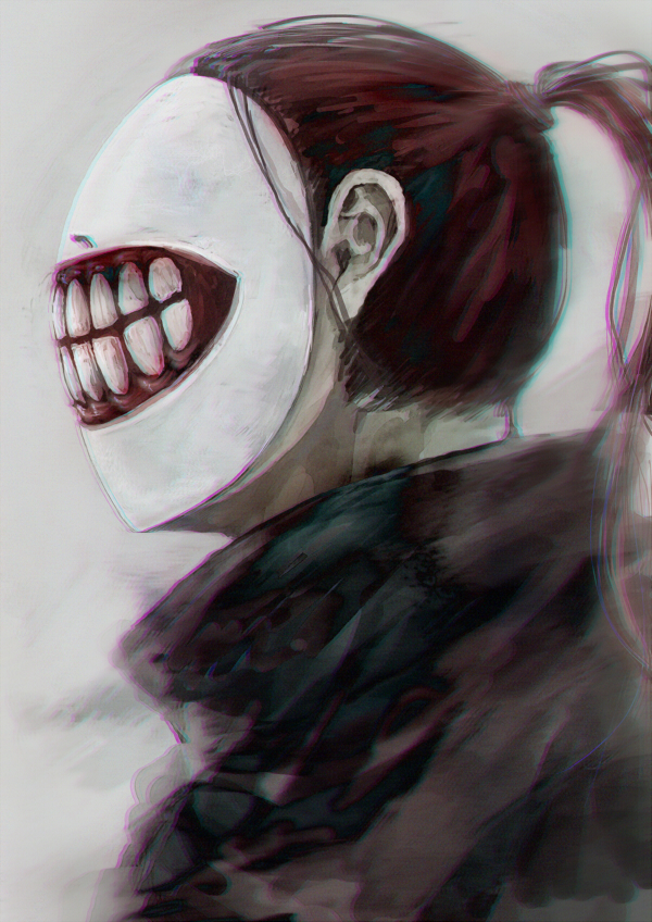 1boy, brown_hair, covered_face, from_side, grey_background, long_hair, male_focus, mask