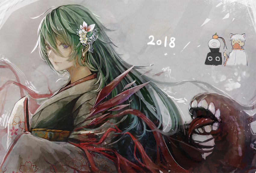 1girl, 2018, 2boys, alternate_costume, alternate_hairstyle, bangs, eto_(tokyo_ghoul), floral_print