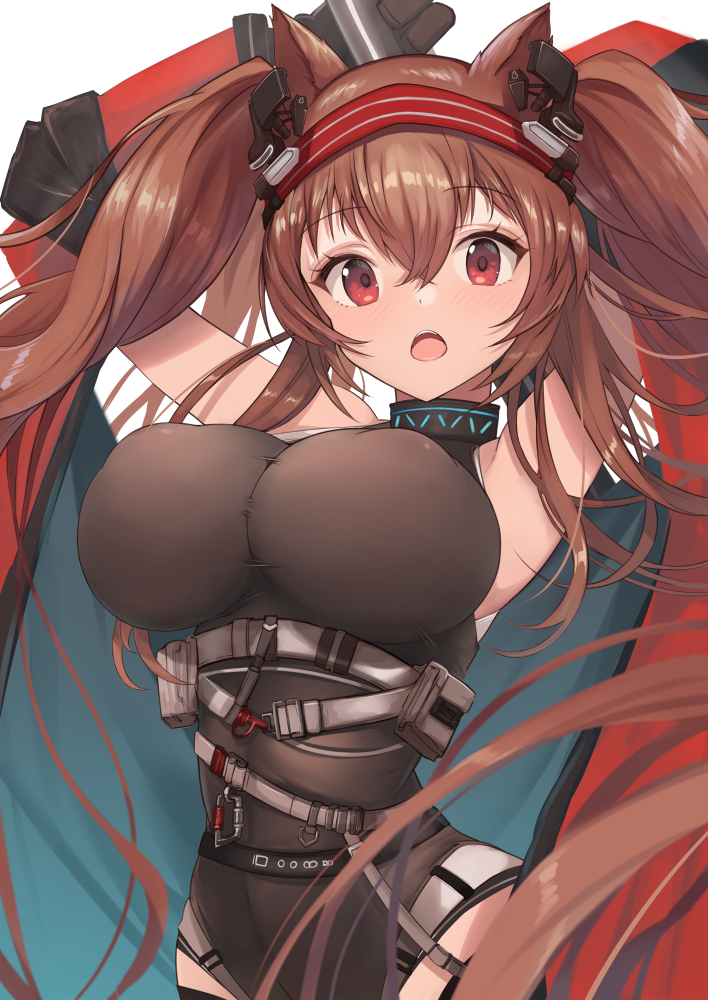1girl, angelina_(arknights), angelina_(distinguished_visitor)_(arknights), animal_ears, arknights, armpits, arms_up, bangs