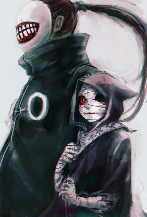 1boy, 1girl, bandaged_arm, bandaged_head, bandages, black_cloak, brown_hair, cloak