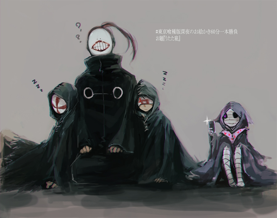 1girl, 3boys, ?, ??, bandaged_head, bandaged_leg, bandages, bangs