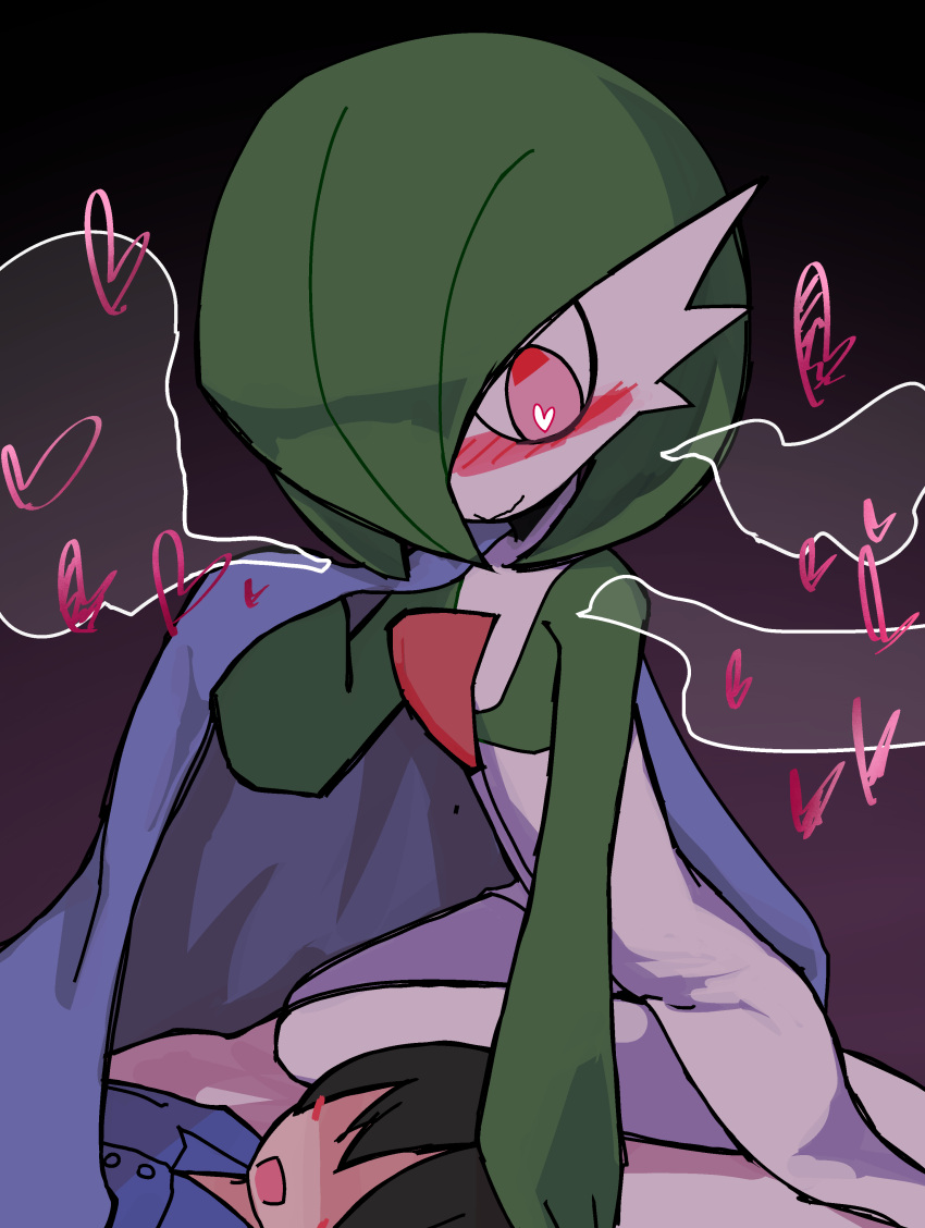 1boy, 1girl, absurdres, bangs, blue_pajamas, blue_shirt, blush, blush_stickers, bob_cut, brown_hair, buttons, child, closed_mouth, collared_shirt, colored_skin, commentary_request, dark, faceless, faceless_male, flat_chest, gardevoir, gradient, gradient_background, green_hair, green_skin, hair_over_one_eye, hand_on_another's_head, hand_up, happy, heart, heart-shaped_pupils, highres, kan_(kam48360493), looking_at_another, looking_down, lying, mixed-language_commentary, multicolored, multicolored_skin, nose_blush, on_back, on_bed, open_mouth, pajamas, partial_commentary, pokemon, pokemon_(creature), red_eyes, shirt, short_hair, simple_background, sitting, smile, solo_focus, speech_bubble, spoken_heart, symbol-shaped_pupils, two-tone_skin, under_covers, wavy_mouth, white_skin, wide-eyed