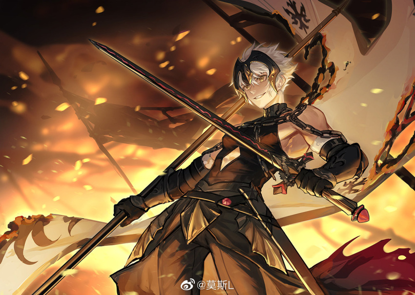 1boy, armor, bangs, black_armor, black_gloves, black_pants, chain, collar