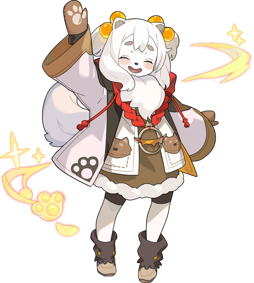 1girl, ^_^, animal_ears, animal_nose, arm_up, artist_request, aura, bangs, bike_shorts, blush, body_fur, brown_dress, brown_footwear, brown_gloves, brown_legwear, child, closed_eyes, coat, dog_ears, dog_girl, dog_tail, drawstring, dress, fang, fini_(world_flipper), flat_chest, full_body, fur-trimmed_dress, fur_collar, fur_trim, furry, furry_female, gloves, glowing, hair_bobbles, hair_ornament, happy, highres, jewelry, long_sleeves, mittens, necklace, non-web_source, official_art, open_clothes, open_coat, open_mouth, outstretched_arm, paw_print, pigeon-toed, shoes, short_dress, short_hair, sidelocks, smile, socks, solo, sparkle, standing, tail, thick_eyebrows, tied_hair, transparent_background, two_side_up, waving, white_coat, white_fur, white_hair, wide_sleeves, winter_clothes, world_flipper